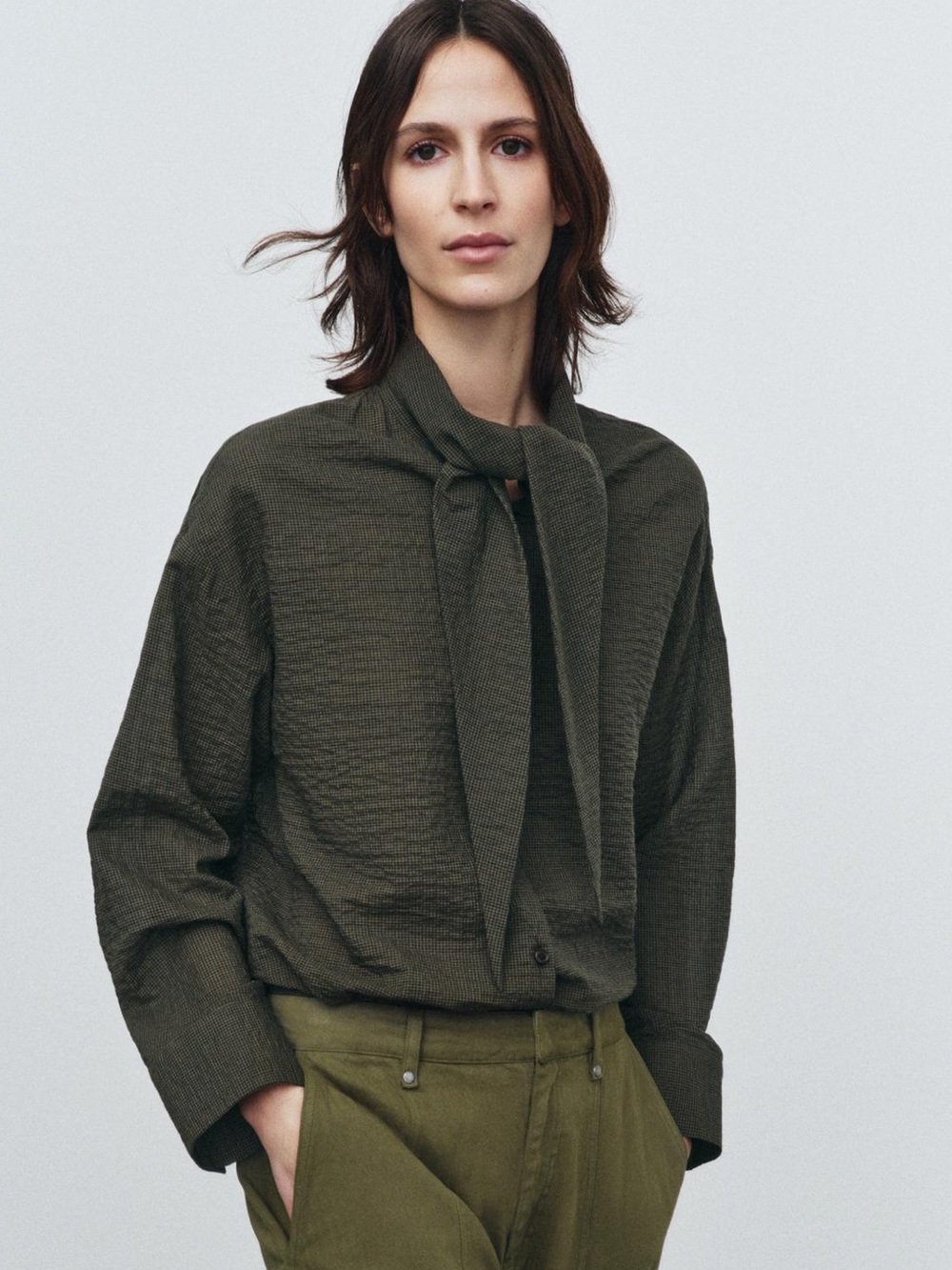 Zara Olive Green Tie-Neck Blouse